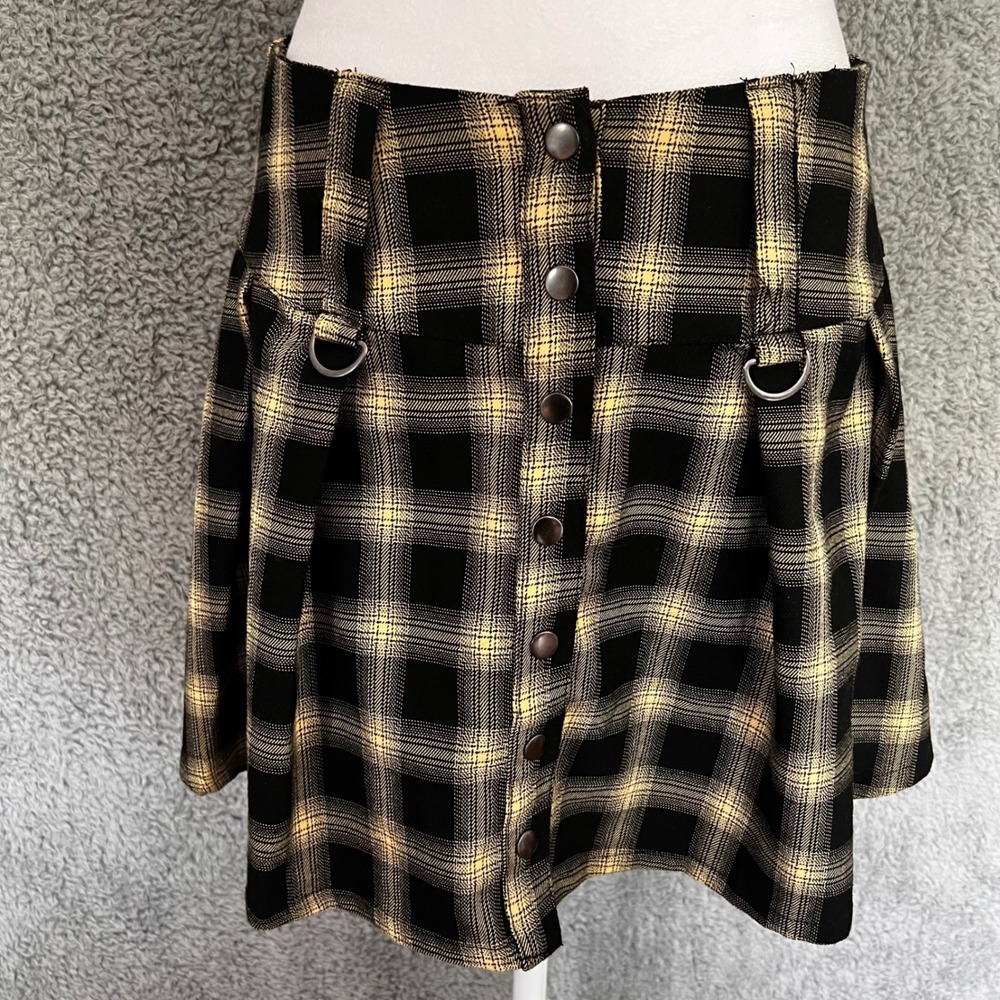 Plaid Pleated Mini Skirt Punk Grunge Black Yellow D Rings Snaps Medium Hot Topic